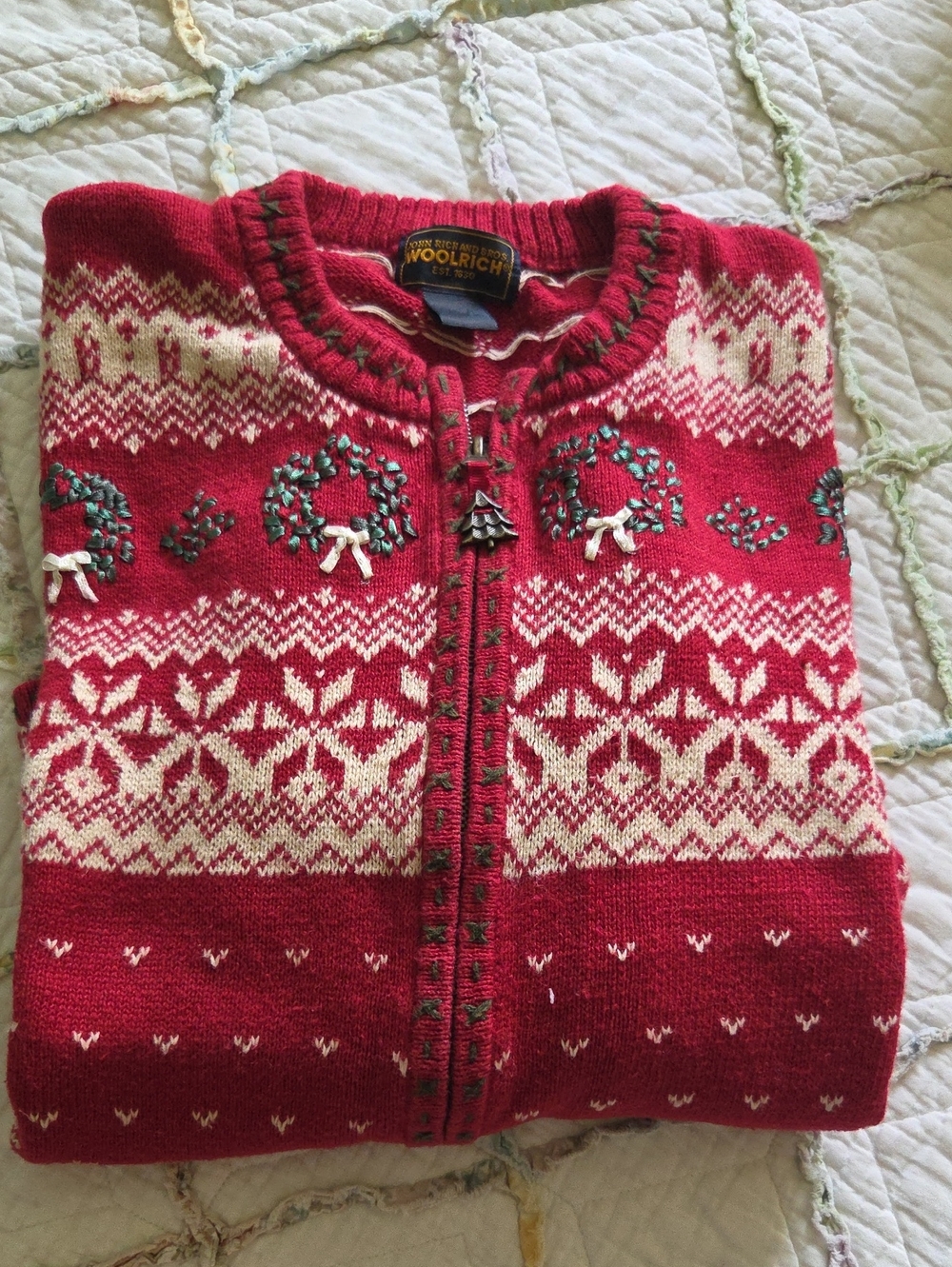 1990's Woolrich Red and Cream Fair Isle Zip Cardigan with Wreath Embroidery